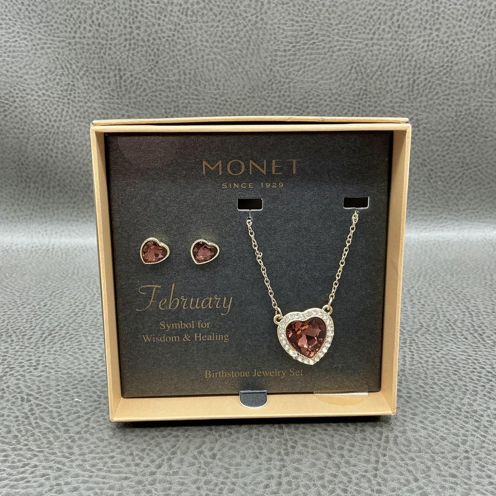 Monet February Heart Necklace Earrings Set Gold Tone Purple Birthstone Jewelry